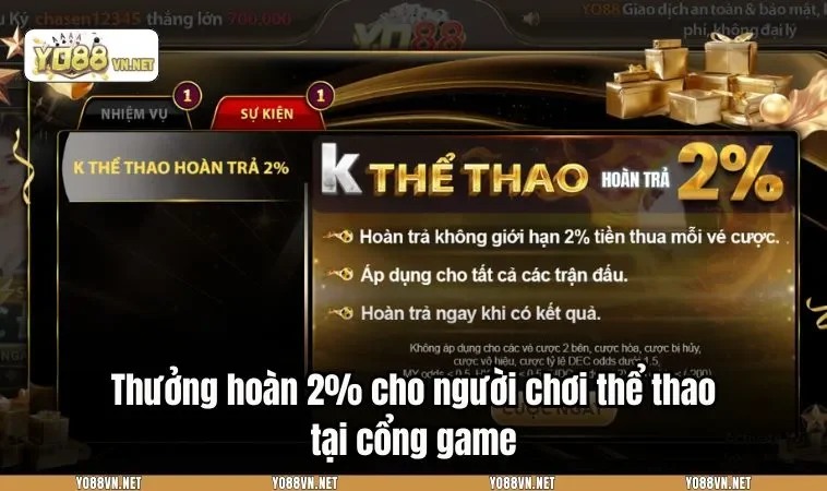 Thưởng hoàn 2% cho người chơi thể thao tại cổng game